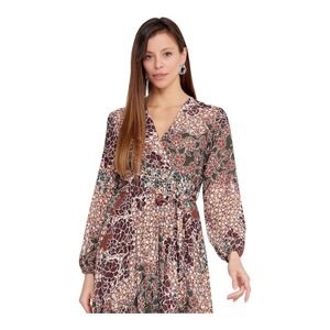 Eslina Karop Floral Patchwork Midi Dress Long Bishop Sleeve Brown Tan V-Neck S